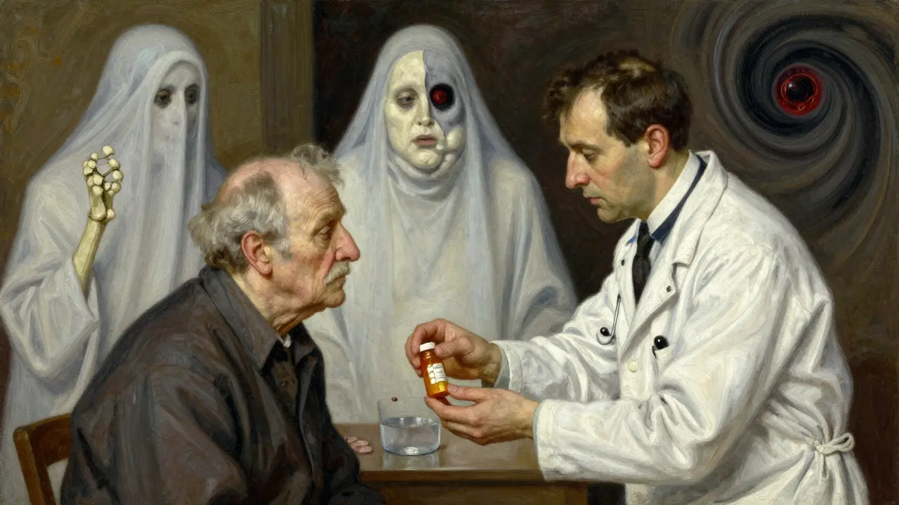 An elderly patient receives a steroid pill while ominous side effects loom behind, painted in rich oil-textured realism.