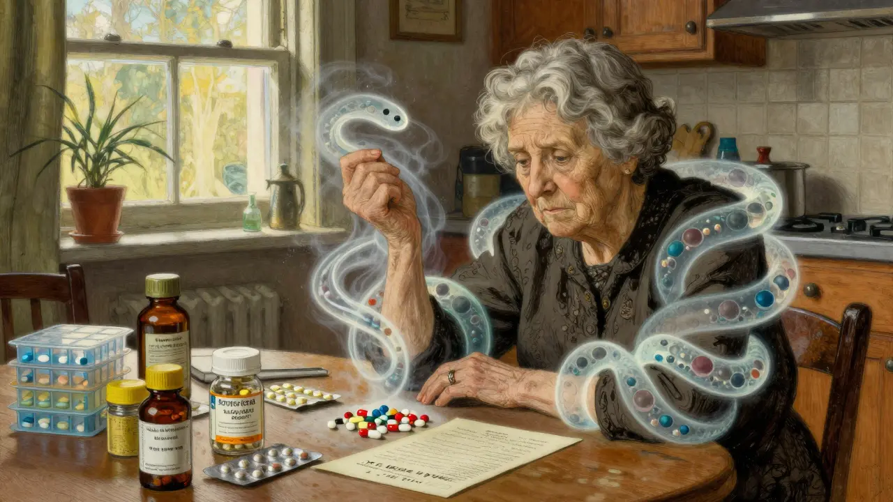 An elderly woman at a kitchen table with herbal supplements and pills, as a serotonin serpent rises around her.