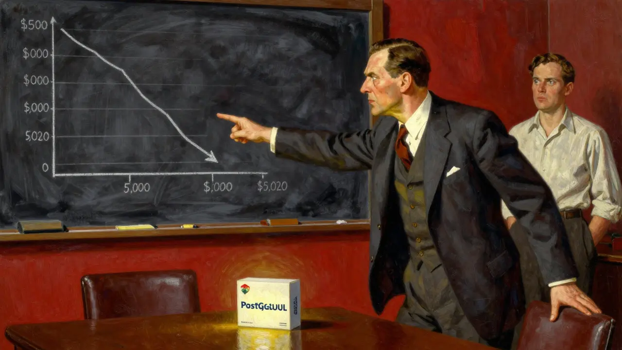 An executive watches a price chart plummet as a developer places a small open-source box on the table, representing the shift from premium to affordable software.