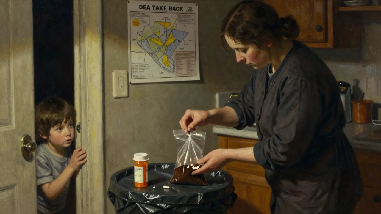 Caregiver mixing antibiotics with coffee grounds for safe disposal