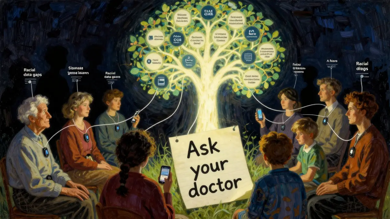 Diverse patients connected to a glowing data tree, symbolizing medication monitoring with shadows of inequality.