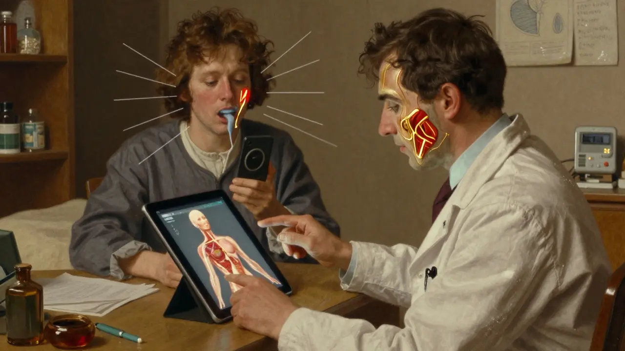 Doctor viewing a digital body model with AI analysis lines, patient being monitored via smartphone camera.