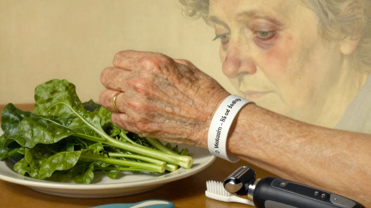 Elderly woman's hand holding medical alert bracelet beside consistent healthy foods and safety tools