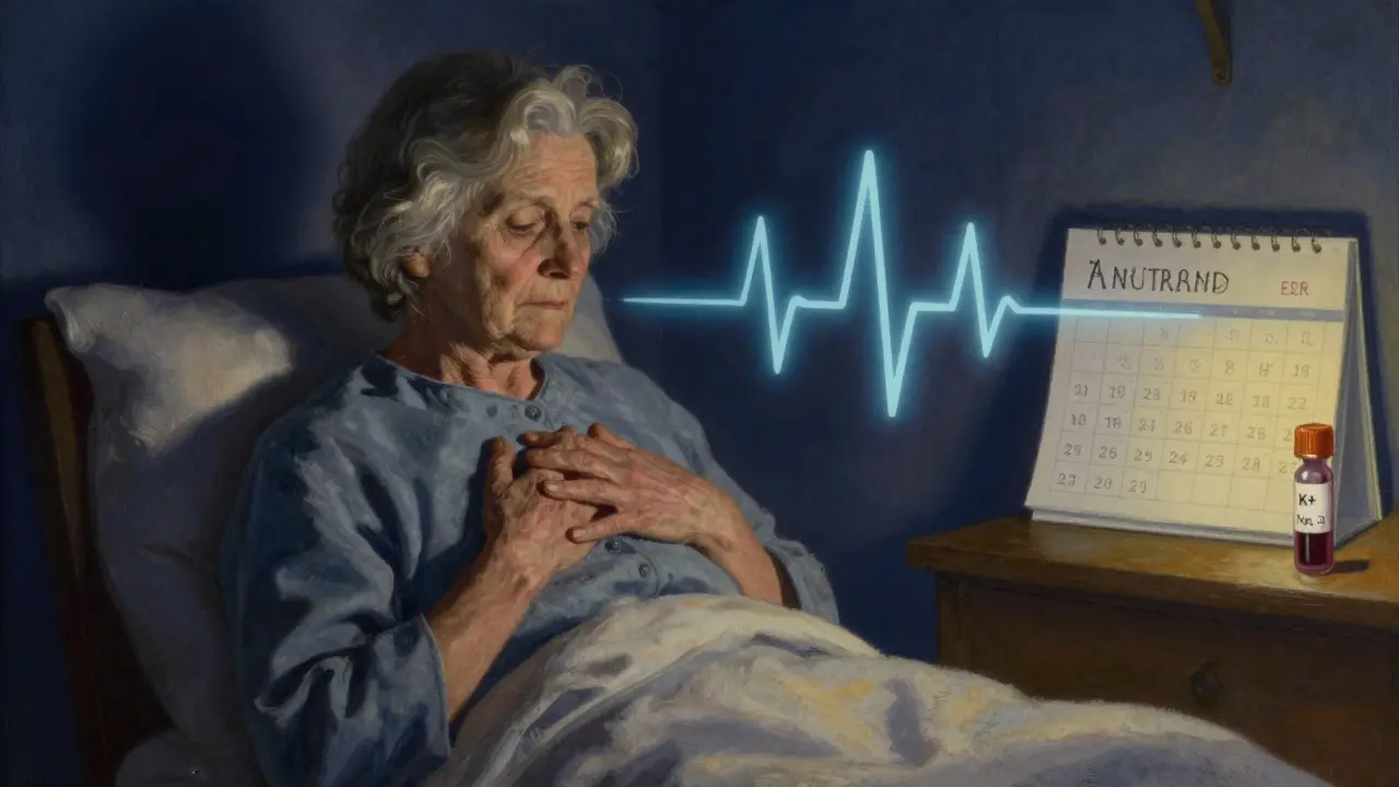 Elderly woman with ghostly heart rhythm above her chest, illuminated by lamplight, medical tests nearby.
