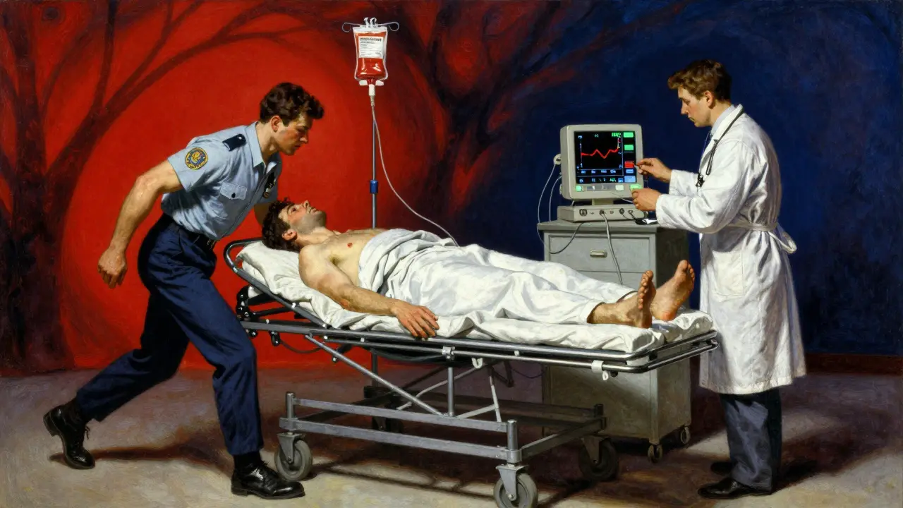 Emergency room scene with paramedic rushing patient, doctor checking INR monitor with high blood values