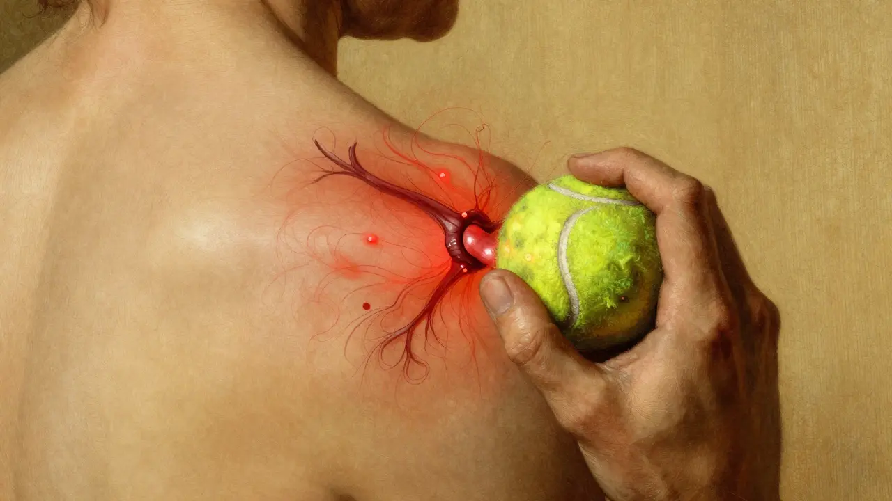 Hand pressing a tennis ball into a trigger point on the back, with glowing biochemical activity inside the muscle.