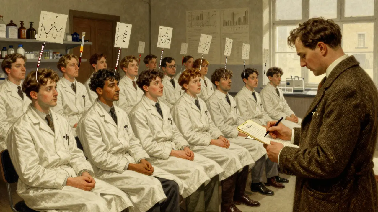 Healthy volunteers in a lab having blood drawn, with scientific data floating as spectral diagrams.
