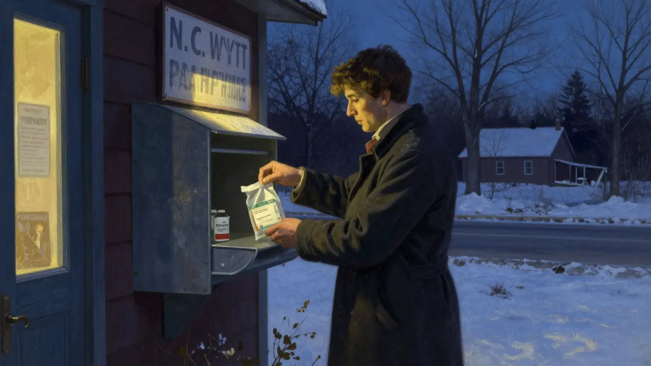 Person depositing unused antibiotics into a pharmacy take-back box at dusk