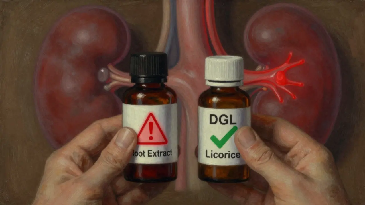 Pharmacist comparing licorice root and DGL bottles with a glowing warning symbol in the background.