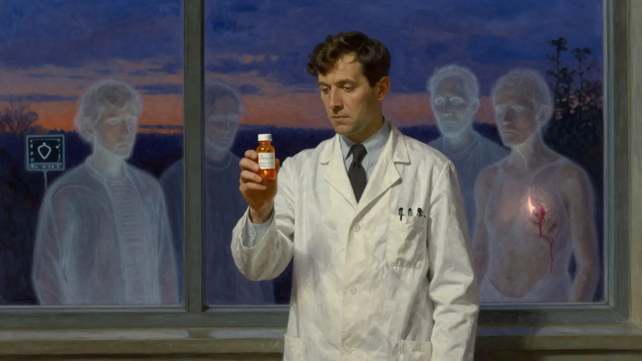 Pharmacist holding pill bottle as ghostly patient figures appear behind him, symbolizing risks of generic switches.