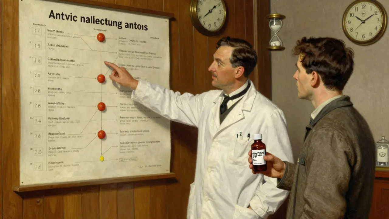 Pharmacist points to a chart showing antibiotic-antacid timing, patient holding both medications.