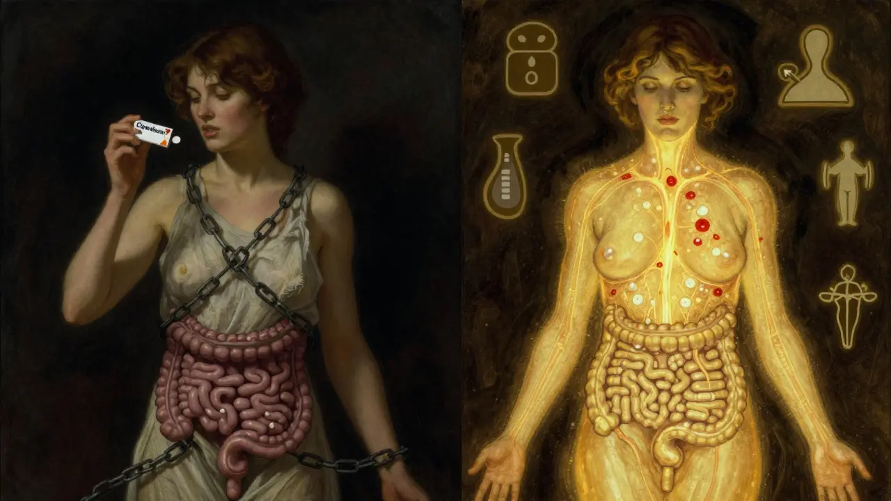 Split scene: antibiotic failure vs. successful absorption, with dark chains and golden energy.