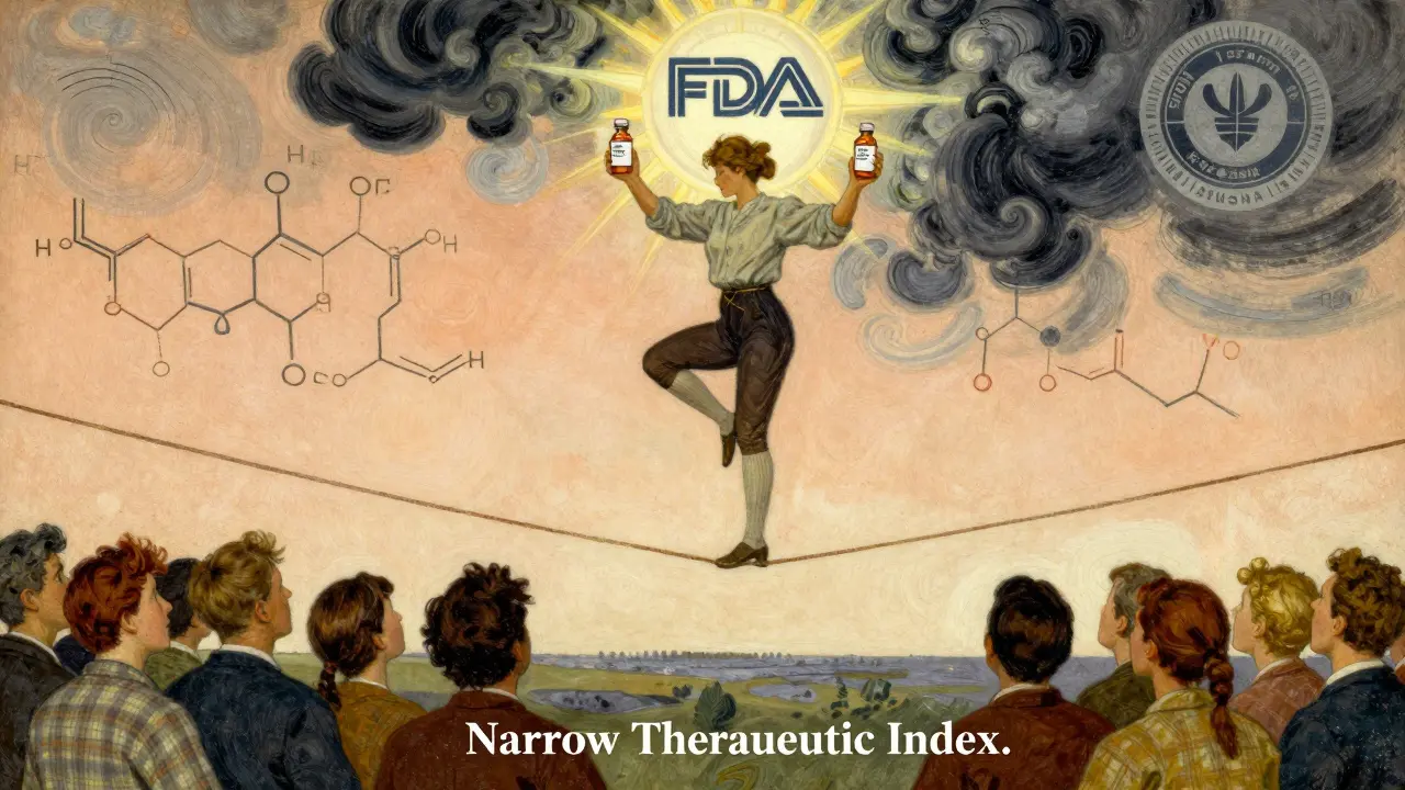Tightrope walker balancing two identical drug vials above a crowd, with pharmacokinetic graphs in the sky.