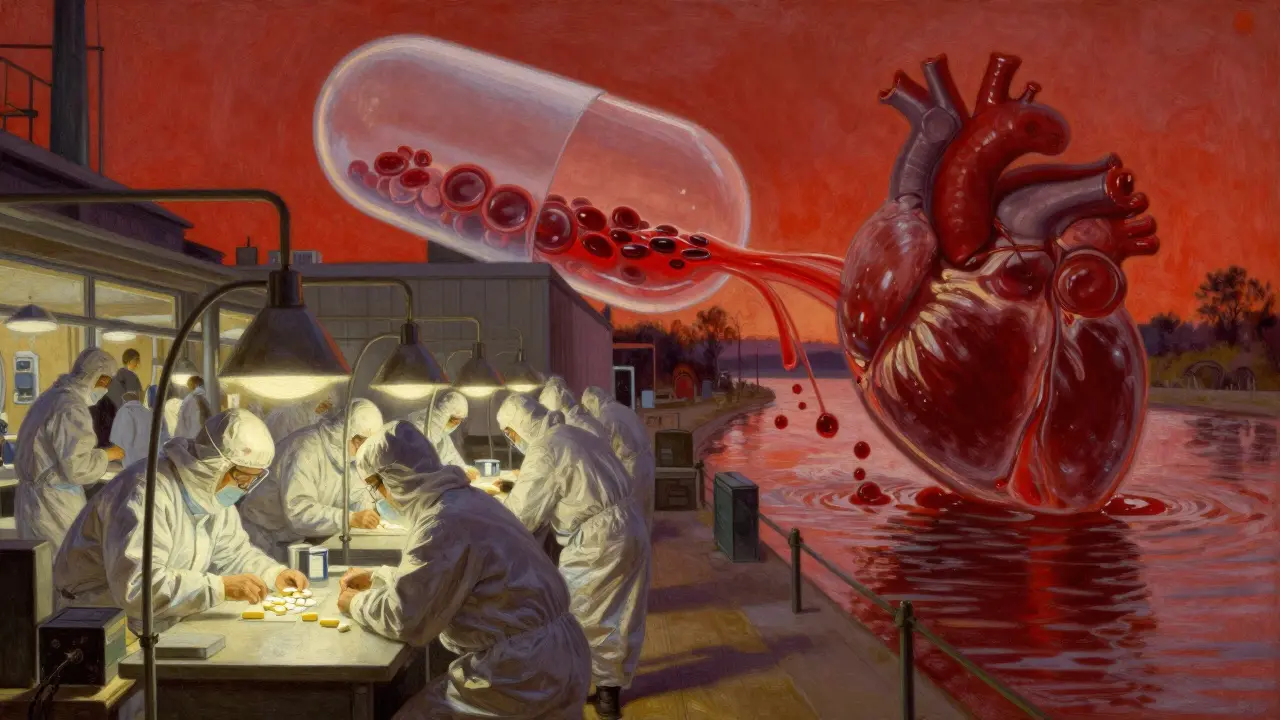 Workers inspecting generic pills in a cleanroom, with a pill dissolving into blood cells flowing toward a heart.