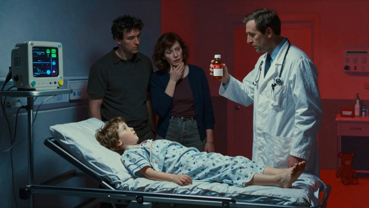 A child in emergency care as parents react in shock, medicine bottle in doctor's hand.