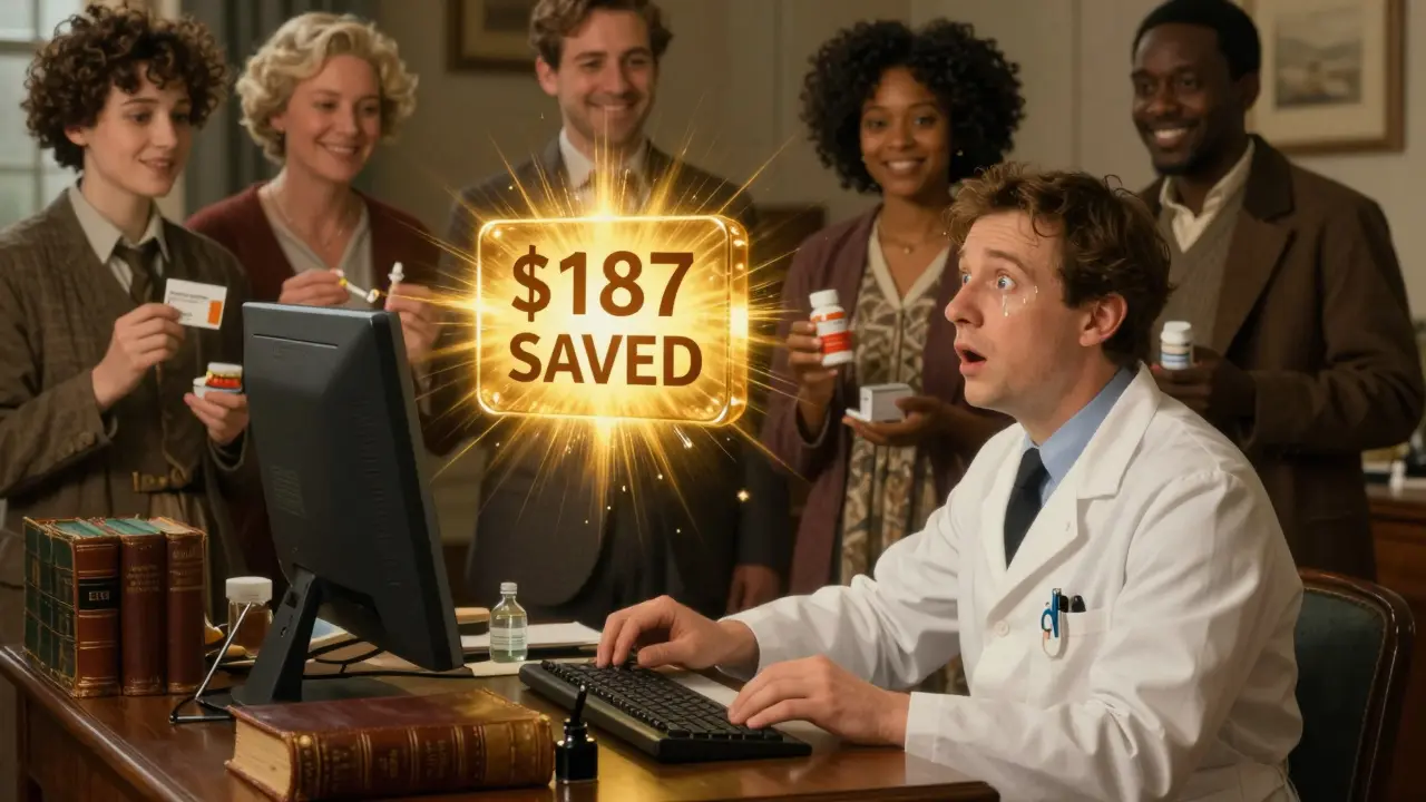 A clinician sees a cost-saving alert on their screen while patients behind them smile with relief.