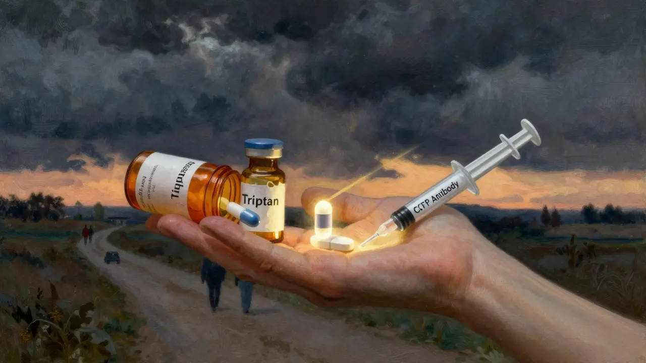 A crumbling triptan pill transitions into newer migraine treatments like gepants, ditans, and a syringe, as light breaks through a stormy sky.