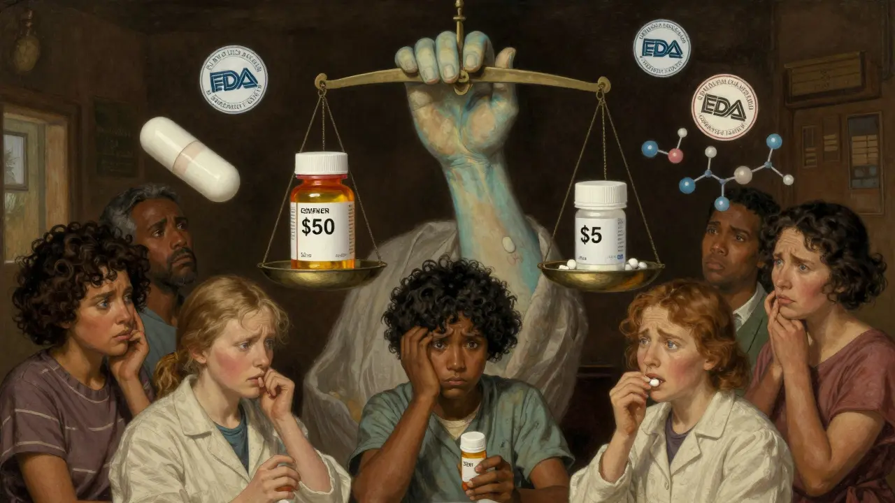 A diverse group of patients look at pill bottles while a scale balances branded and generic drugs with equal weight.
