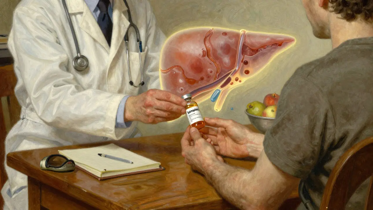 A doctor handing a medication vial to a patient as a healing liver glows in the background.