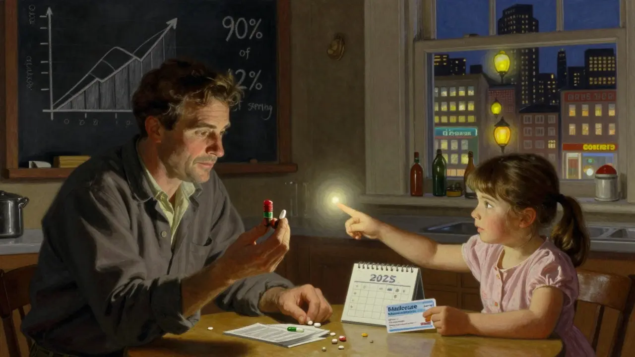 A family at home discusses medication choices, with a chalkboard showing drug cost statistics and a Medicare card on the table.