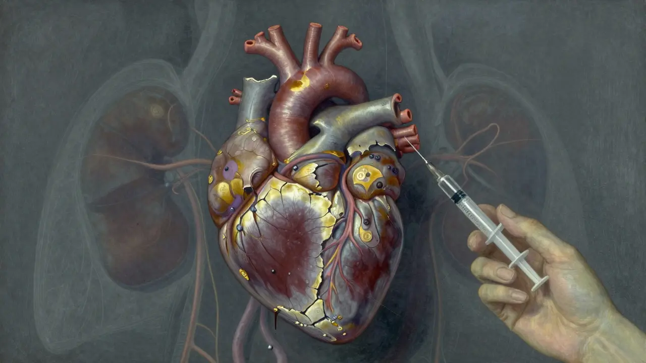 A heart encased in brittle plaques, blood backing into lungs, with ghostly organ shadows, depicted in somber N.C. Wyeth illustration style.