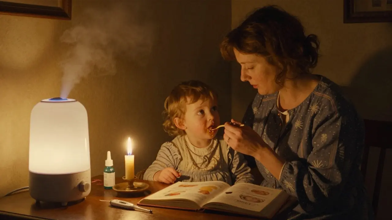 A mother feeds honey to her toddler at night, with humidifier and care items nearby.