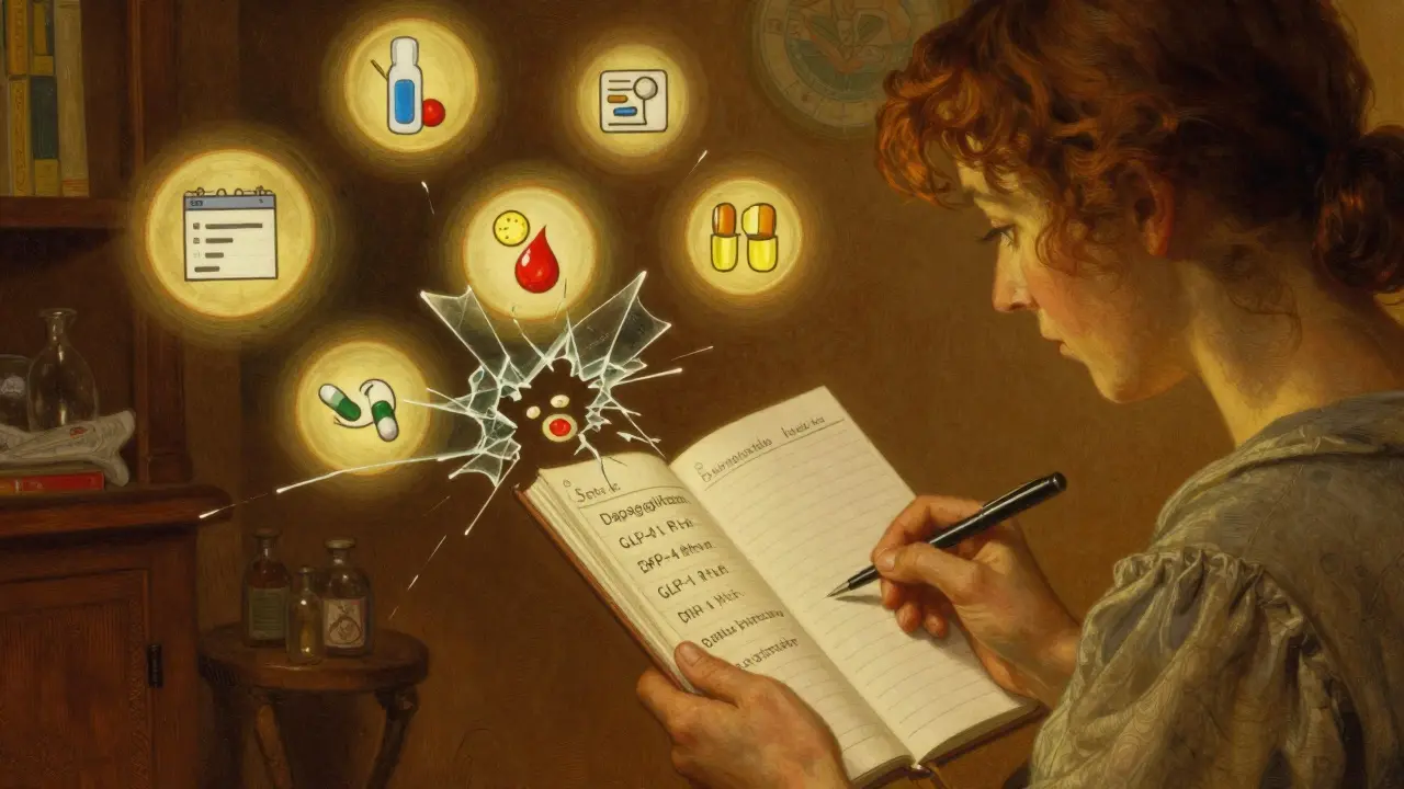 A patient holds a medication list as safe drug pairs glow warmly, while dangerous combinations shatter like glass.