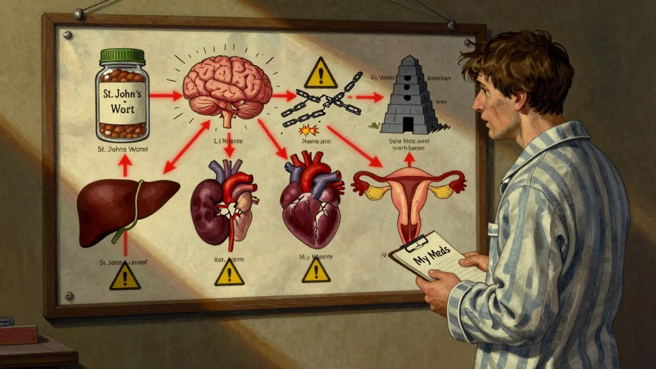A patient staring at a medical chart showing dangerous interactions between St. John's Wort and vital organs, with warning symbols and dramatic lighting.