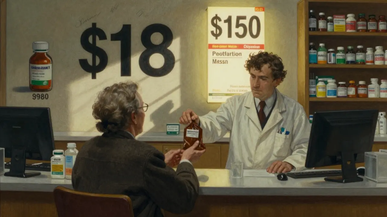 A pharmacist hands a generic drug to an elderly patient, with a massive price difference visible in the background.