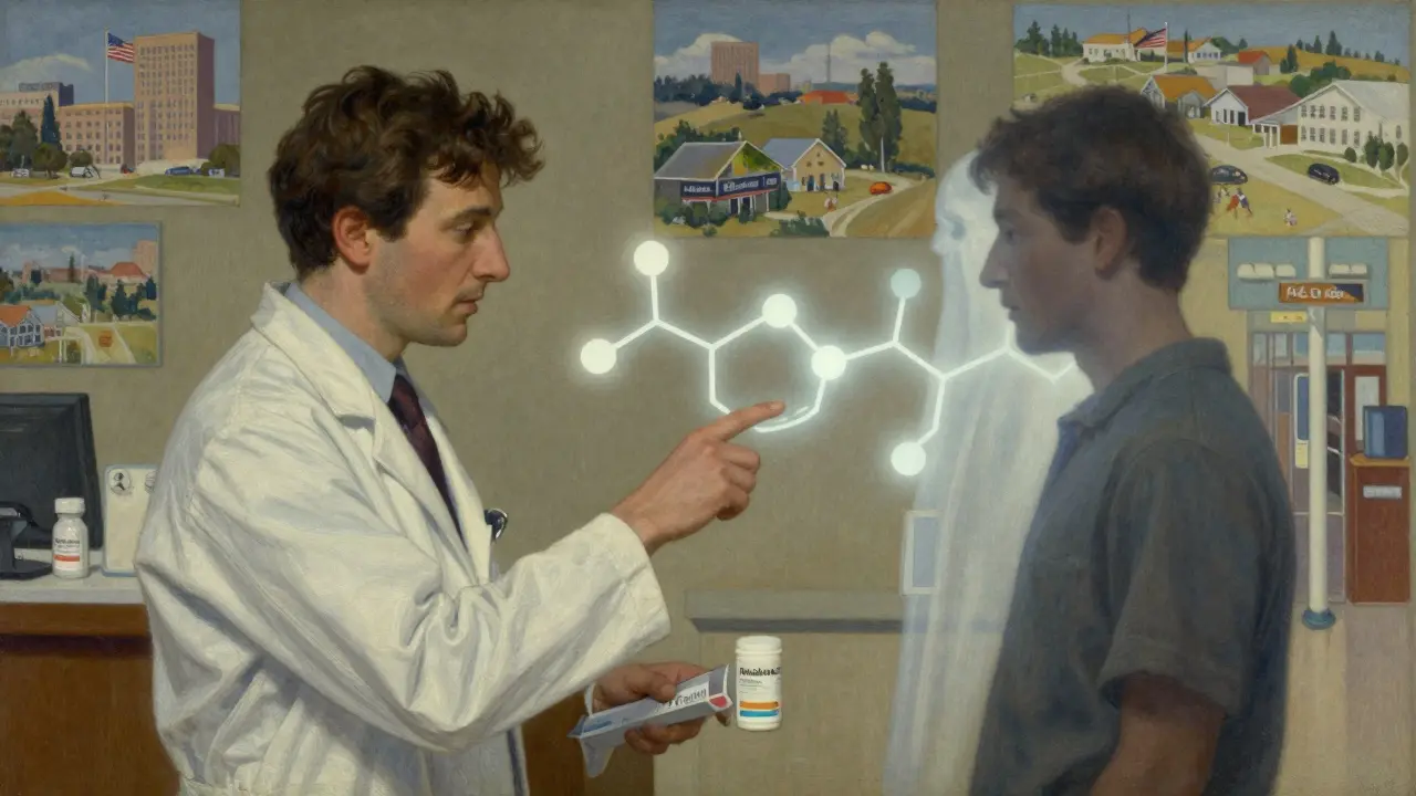 A pharmacist points to a medication label as a patient's shadow merges with the brand-name pill, both dissolving into the same molecule.