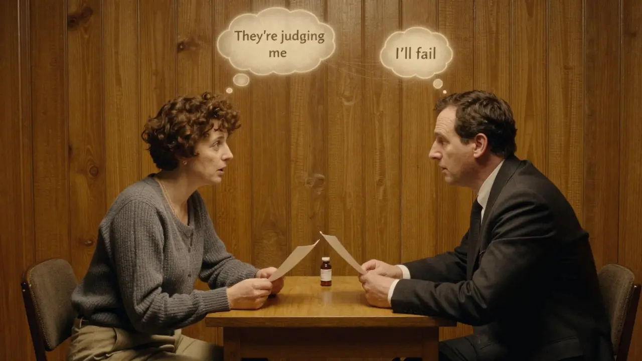 A therapist and patient in a cozy room, with fading anxious thoughts being gently dissolved during cognitive behavioral therapy.