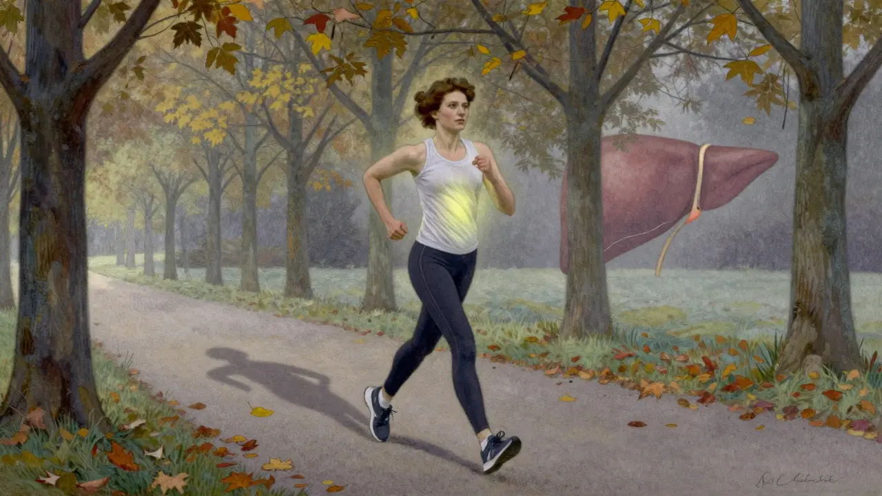 A woman walking at dawn, with a fading liver image transforming into a healthy one behind her.