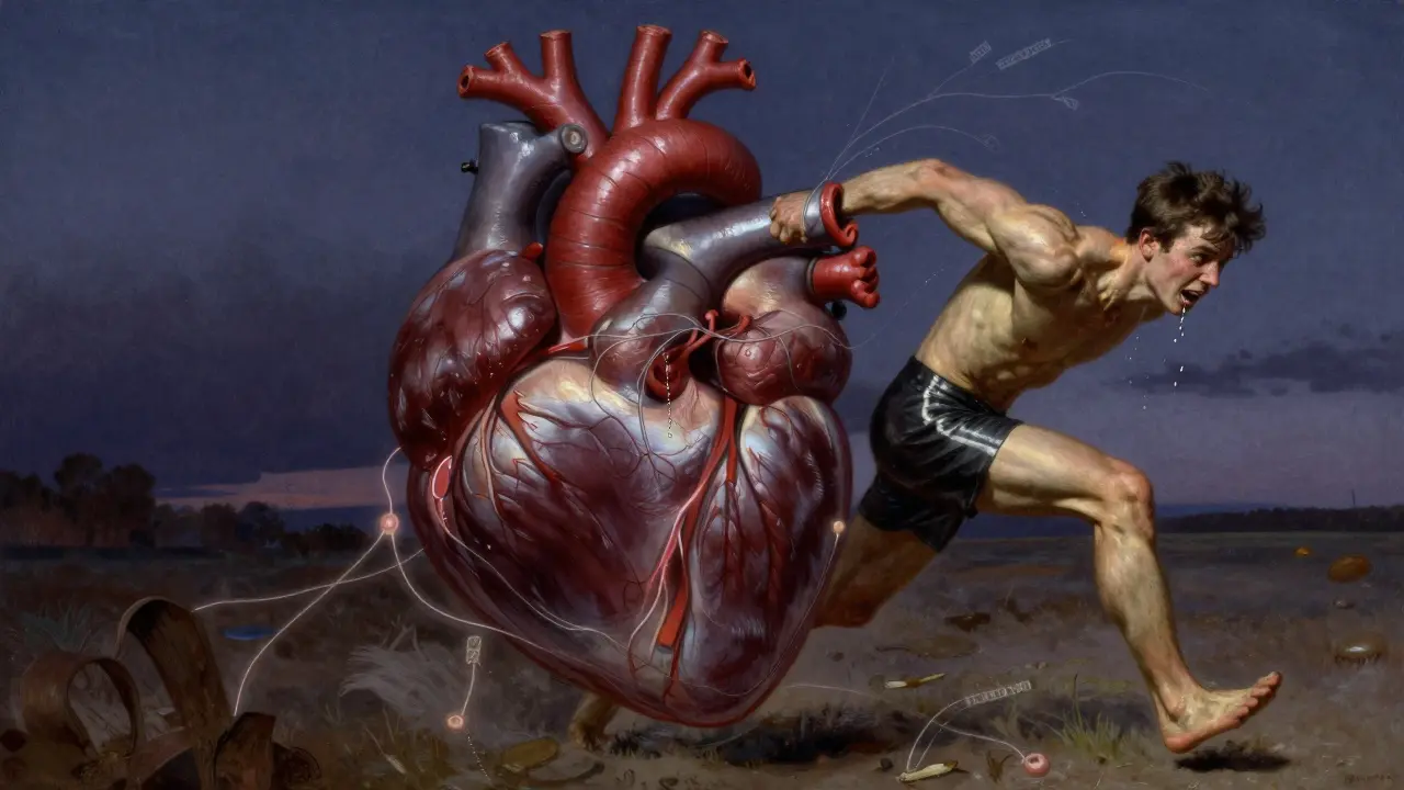 A young athlete with a thickened heart, genetic strands glowing, caught in a moment of distress, painted in dramatic N.C. Wyeth style.