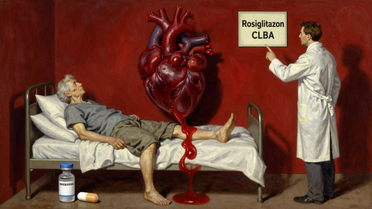 An elderly patient with swollen legs faces a monstrous heart formed by insulin and rosiglitazone, under dramatic shadows.