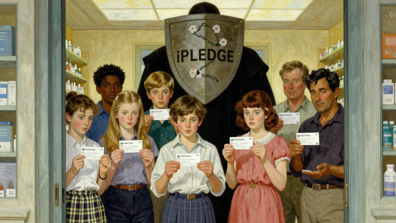 Diverse patients hold isotretinoin prescriptions as a glowing iPLEDGE shield stands behind them like a protective monument.