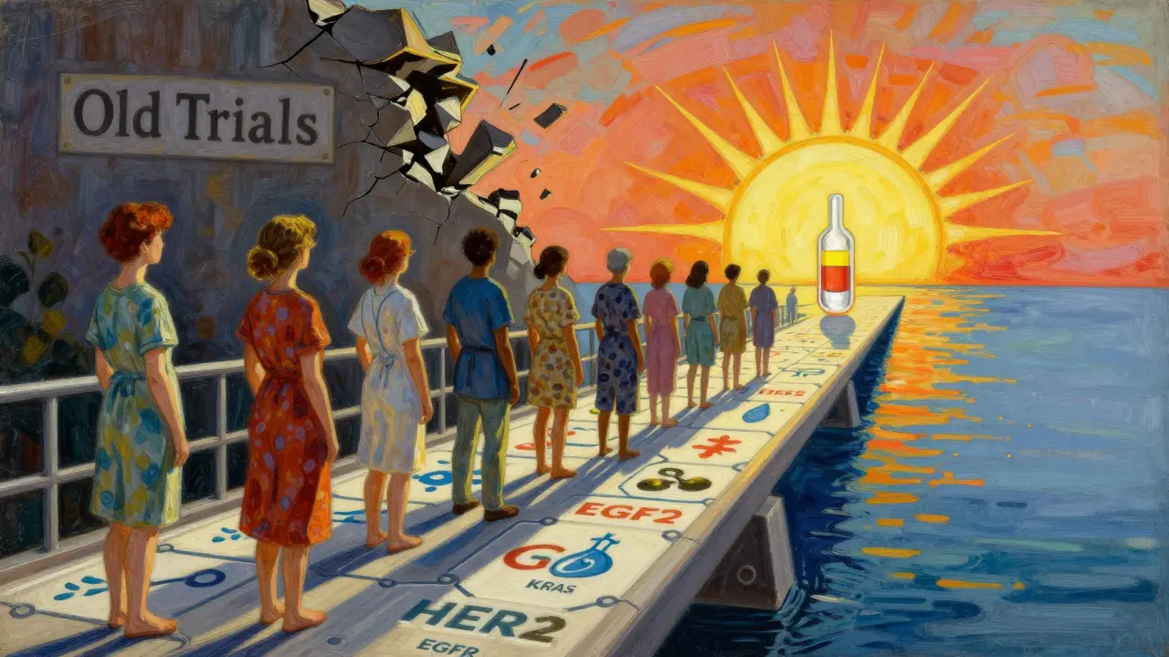 Diverse patients walk across a bridge of biomarker icons toward a rising sun, symbolizing hope through personalized cancer therapy.