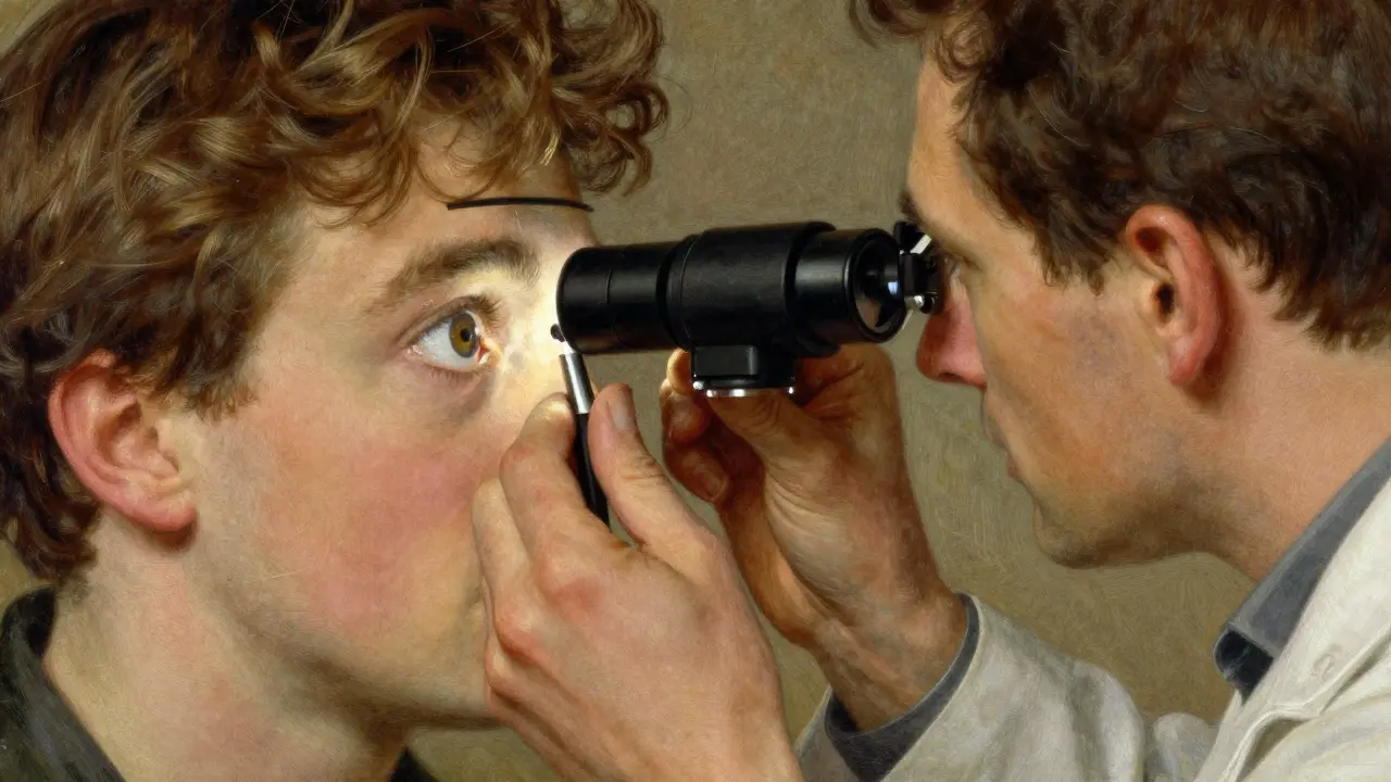 Doctor examining eye with slit lamp, focused light on eye.