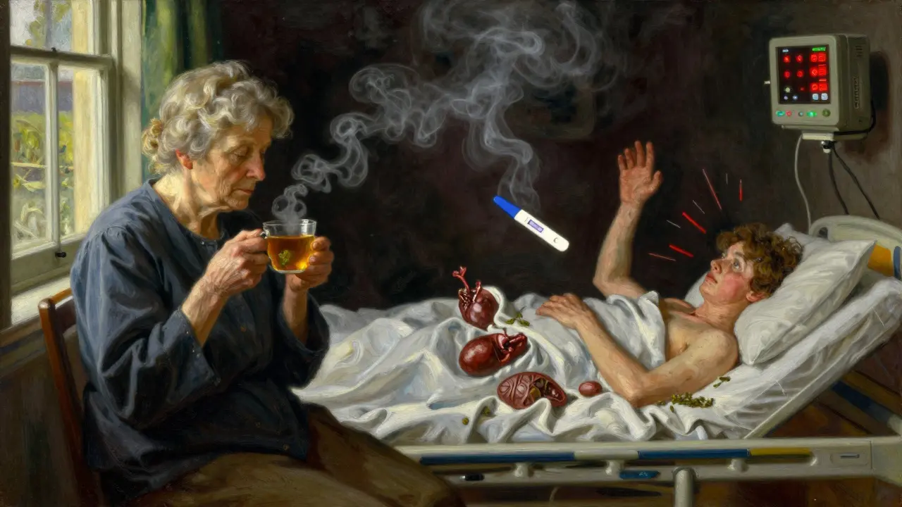 Split image: peaceful herbal tea drinker above, chaotic medical emergencies below, connected by swirling herbal smoke.