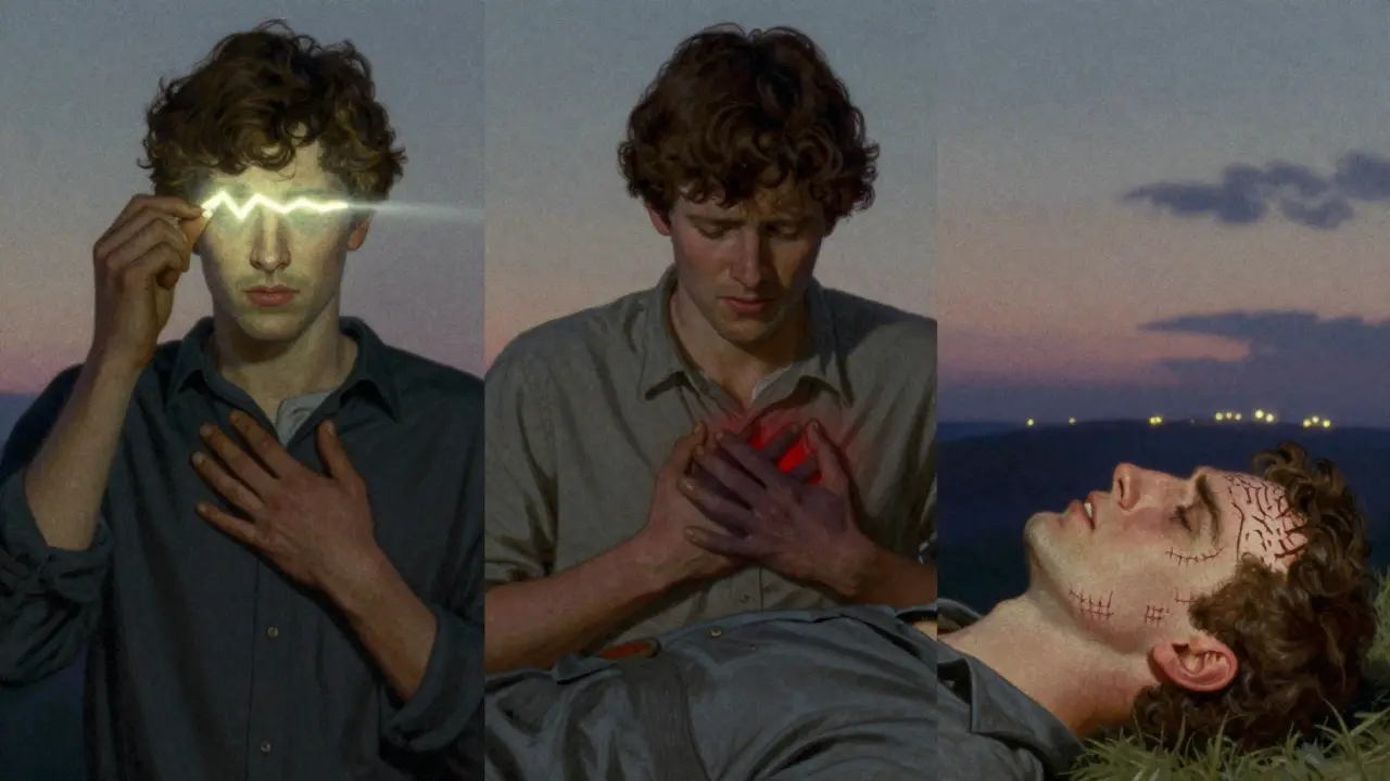 Three people experiencing different outcomes of triptan use: one during aura, one with chest tightness, one with scalp sensitivity under twilight skies.