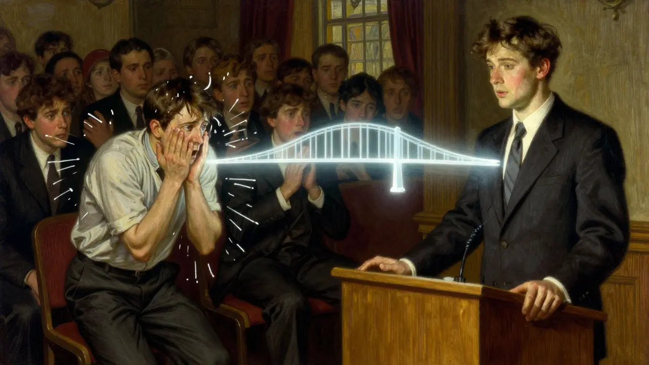 Two versions of the same person: one paralyzed by fear, the other speaking confidently, connected by a luminous bridge of healing.