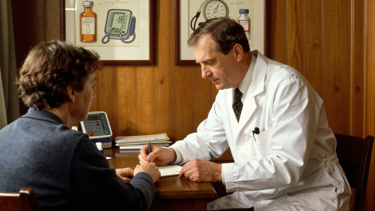 A doctor offers a prescription beside medical icons of insulin and blood pressure devices, symbolizing equal treatment in a cozy office.
