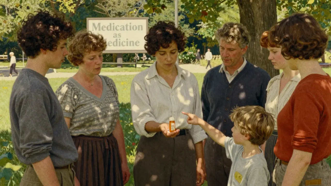 A group gathers in a sunlit park as one openly holds a pill bottle, with a child pointing curiously, conveying quiet acceptance.