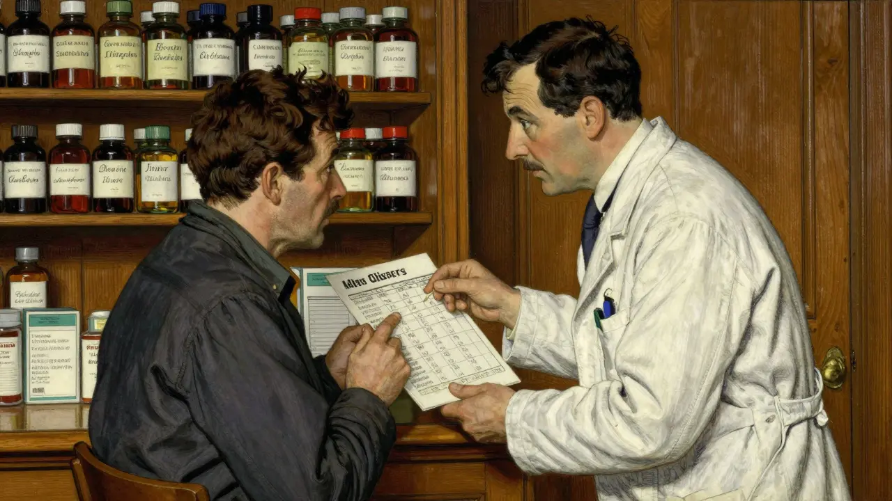 A patient and pharmacist discussing medication timing in a cozy, wood-paneled pharmacy.