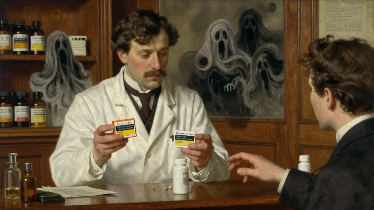 A pharmacist presents two identical pills—one in branded packaging, one plain—as a patient hesitates to choose.