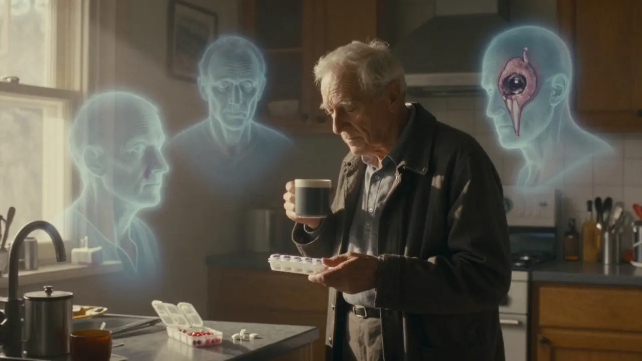 An elderly man in his kitchen surrounded by ghostly images of drug-related emergencies in soft morning light.