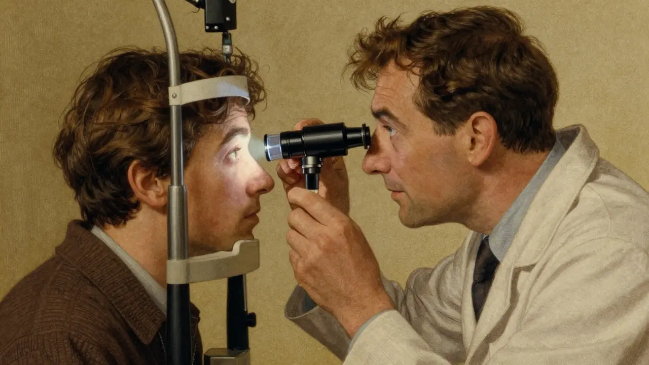 Doctor examining a patient eye with a special lens.