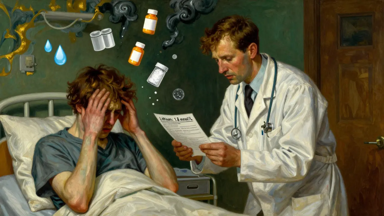 Doctor reviews high lithium blood test as patient shows signs of toxicity, with floating icons of risks swirling around them.