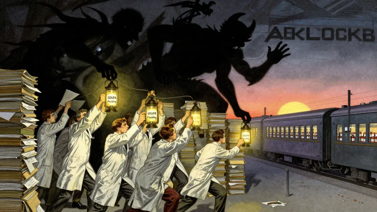 FDA scientists battle paper backlog monsters with lanterns labeled 'GDUFA Funding' under a sunrise of pill bottles.