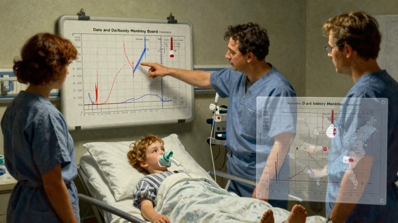 Medical team reviewing real-time side effect patterns in a pediatric ICU, with glowing indicators above a child on a ventilator.