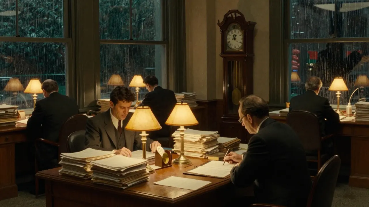 Office staff working urgently with papers and a clock.